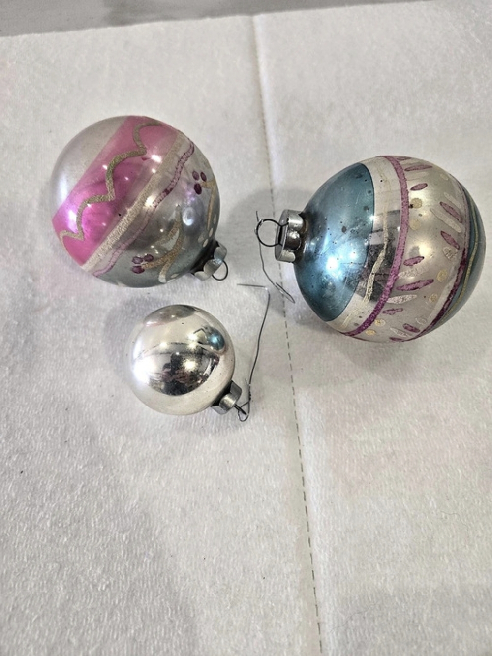Vintage Mercury Glass Christmas Ornaments Lot of 3 Shiny Brite Era Pink Blue Sil